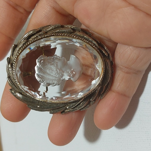 Vtg Victorian Carved Intaglio Glass Cameo Silver Tone Frame Brooch Pin Pendant - Picture 4 of 8